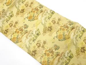 アンティーク　地紙に几帳・鶴・草花模様織り出し名古屋帯（着用可）